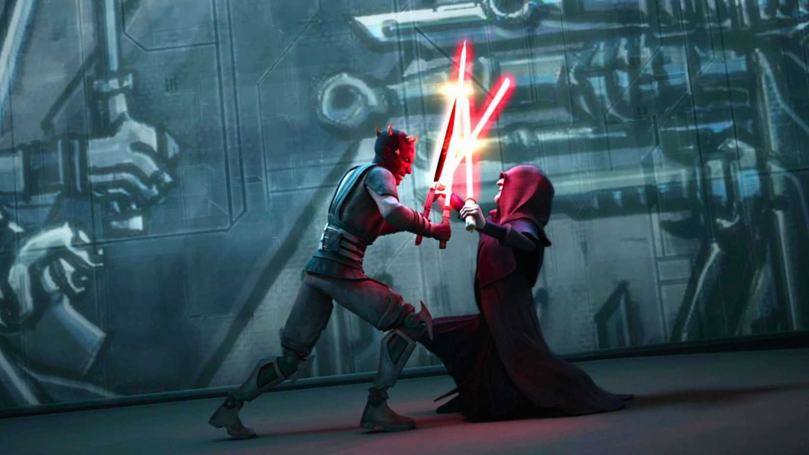 Sidious, a man in a dark cloak that covers his face, battles Maul, a red-skinned alien Zabrak. The two have lightsabers, or in Maul's case, a darksaber.