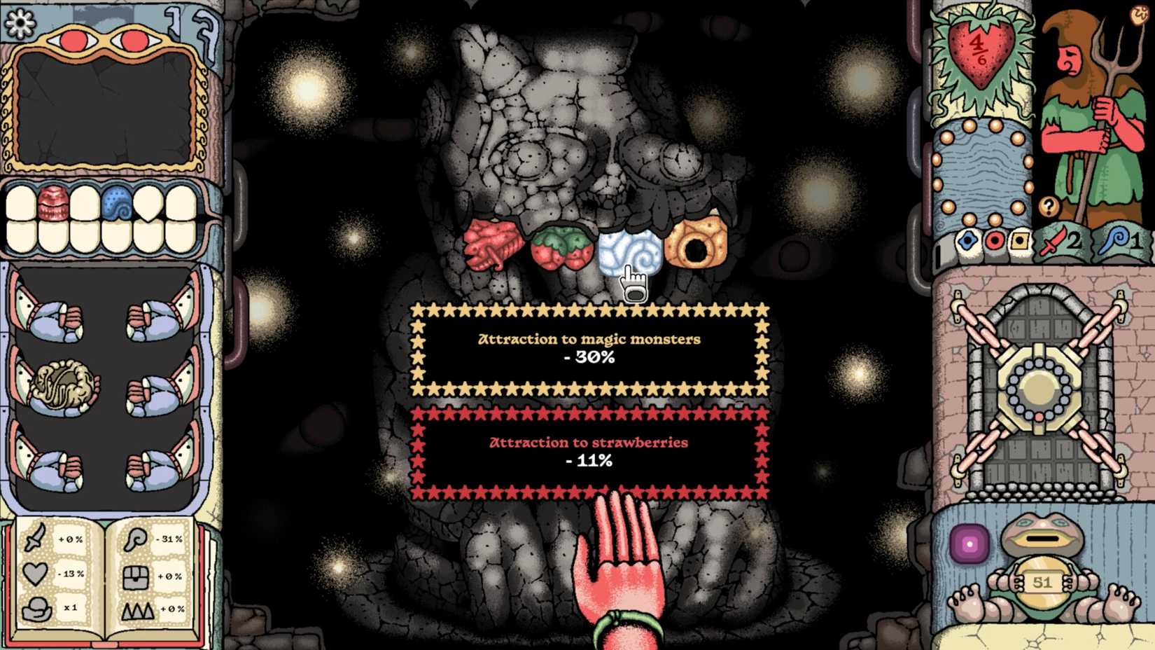 A hand chooses which teeth to pull from a statue in Sol Cesto.