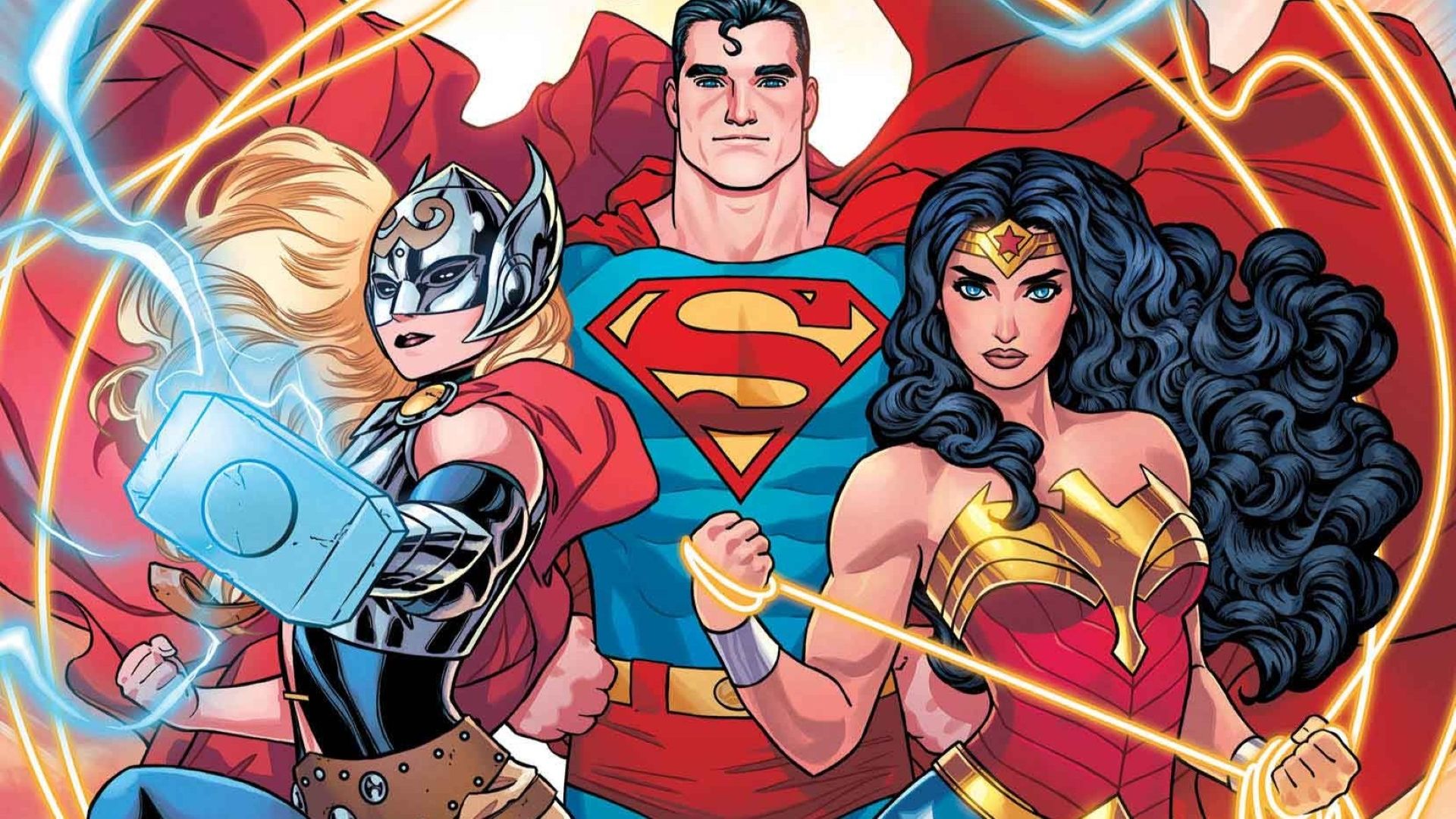 Superheroes Superman, Thor, and Wonder Woman standing together on a cover of the Spider-Man/Superman #1 crossover