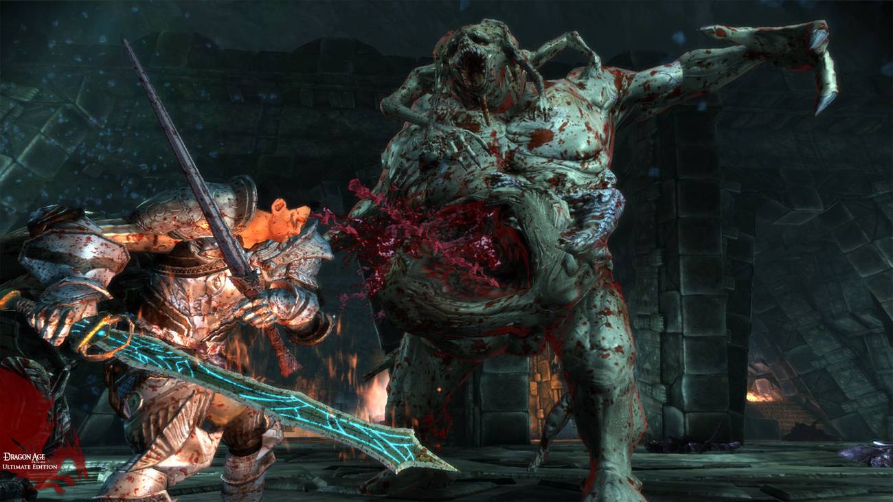 A Grey Warden fights a troll in Dragon Age Origins