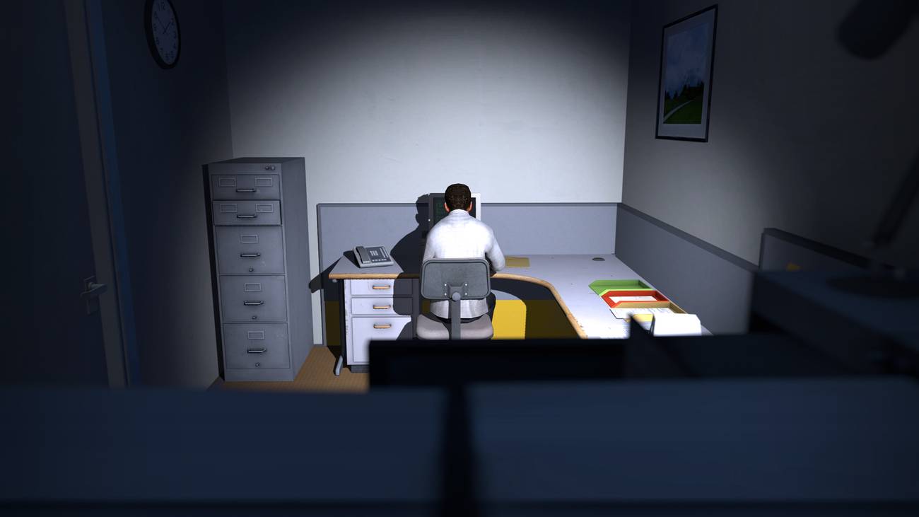 Stanley leans at a desk in The Stanley Parable
