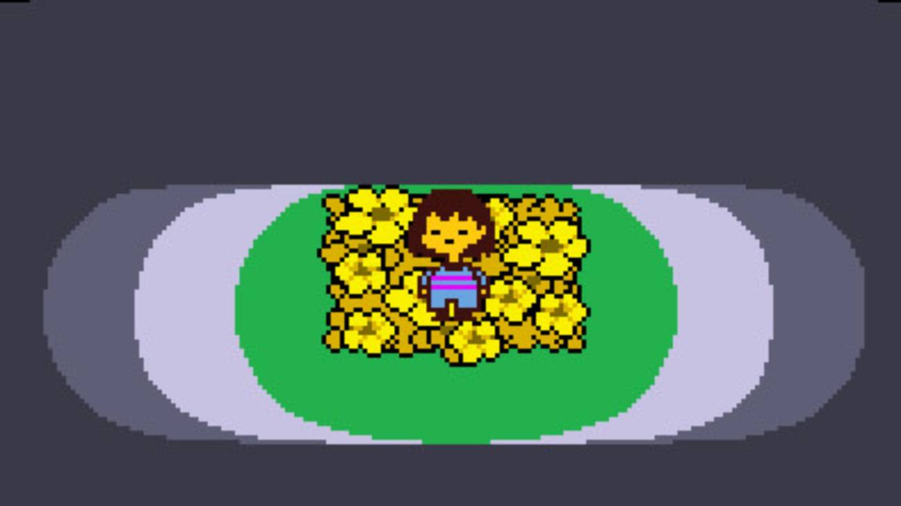 Frisk stands in flower in Undertale