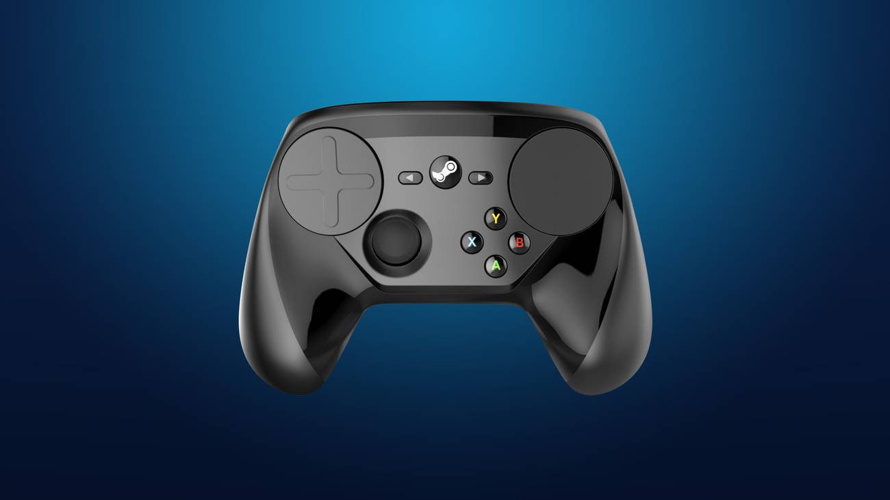 A 2015 Steam Controller is shown against a blue backdrop.