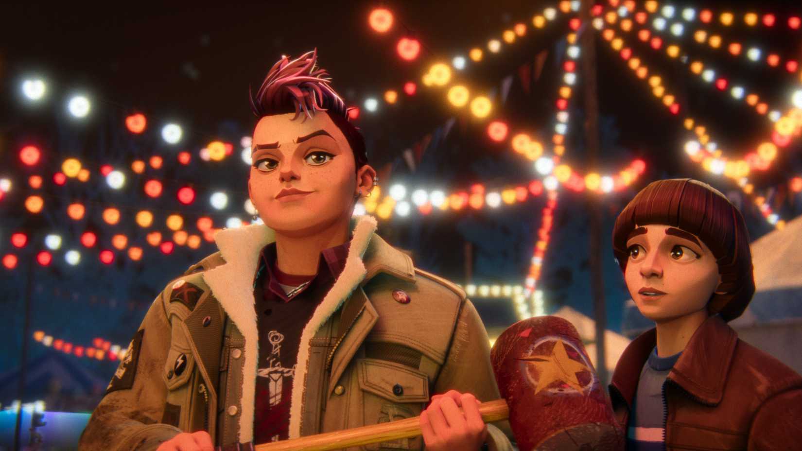 Nikki, a large girl with a spiky pink peak in her hair, holds a mallet and smiles as she prepares to play a carnival game while Will watches in Stranger Things: Tales from ‘85