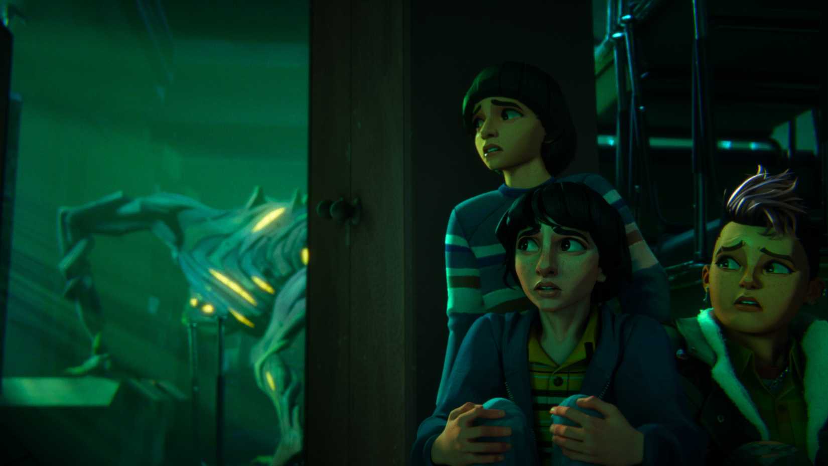 Will, Mike and Nikki hide from a gnarled, indistinct green monster in Stranger Things: Tales from '85