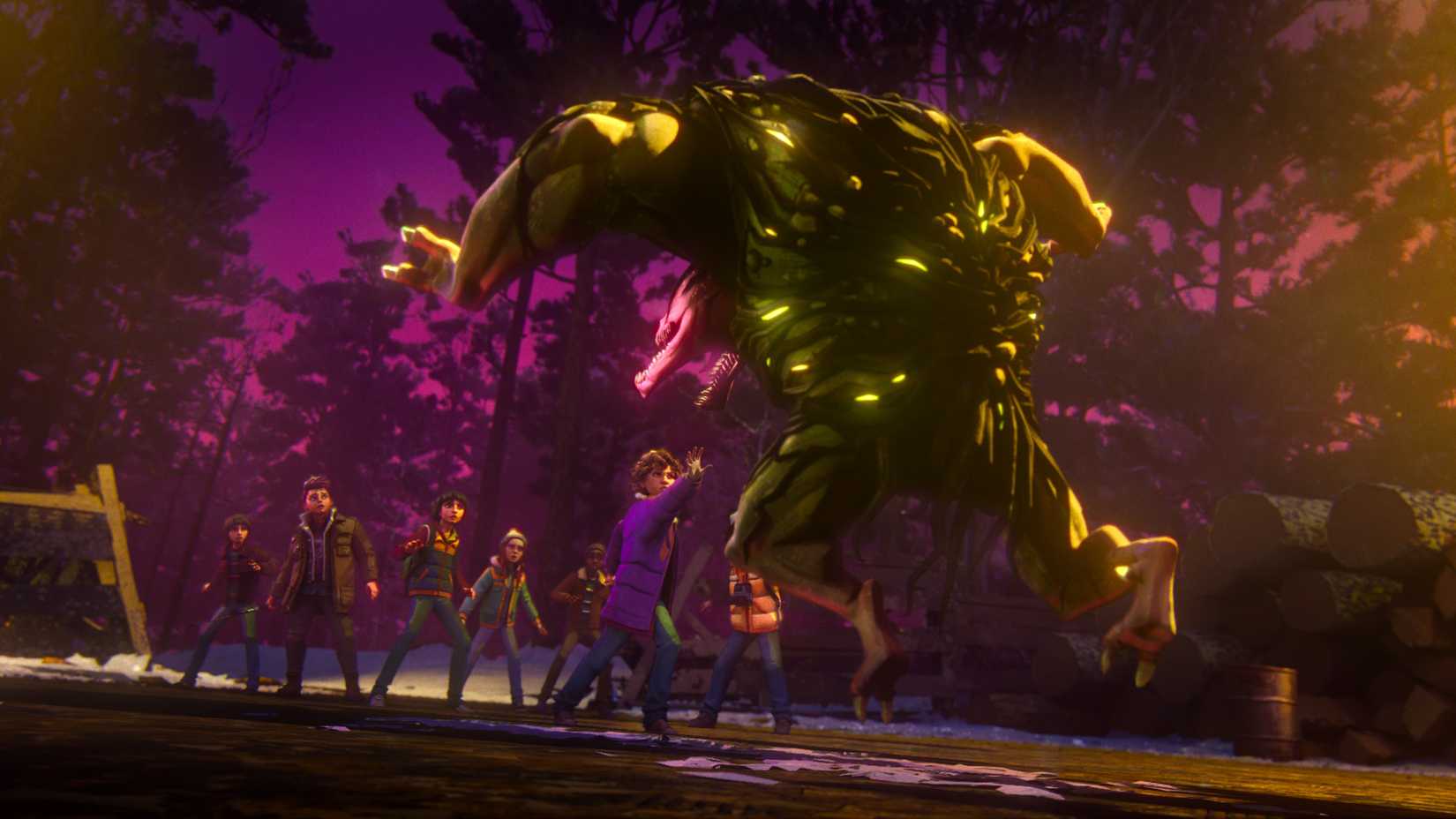 Eleven uses her telekinesis to suspend a giant plant monster in the air while her friends stand behind her in Stranger Things Tales from '85