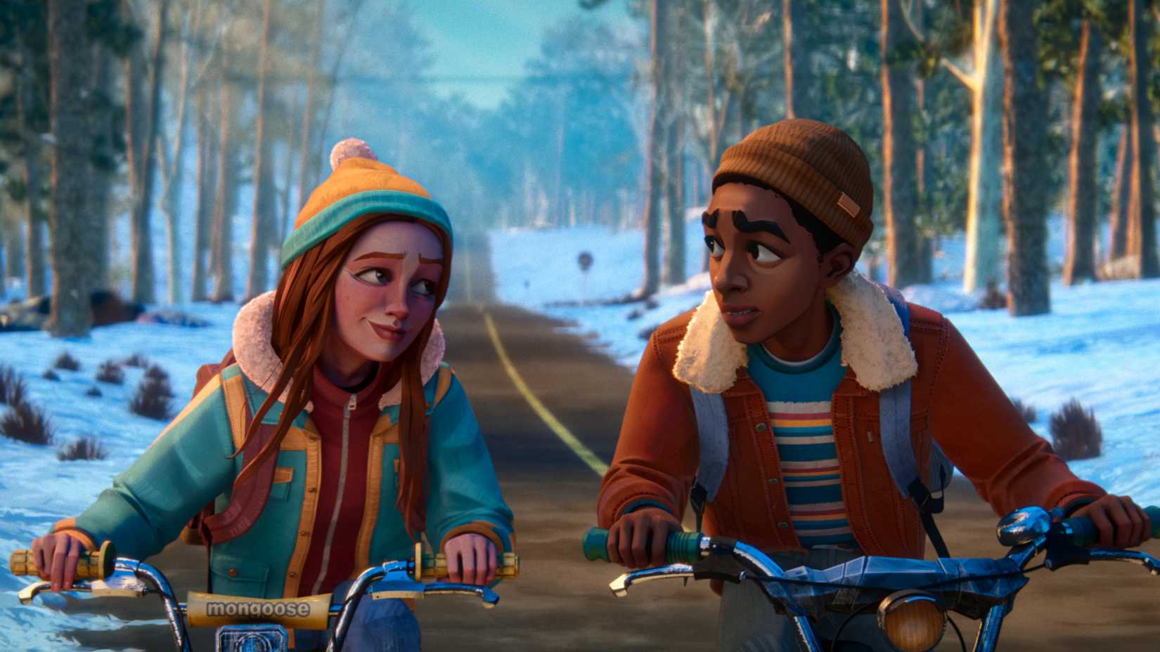 Max and Lucas, both dressed in winter clothes, bike down the road through a snowy forest in Stranger Things: Tales from '85
