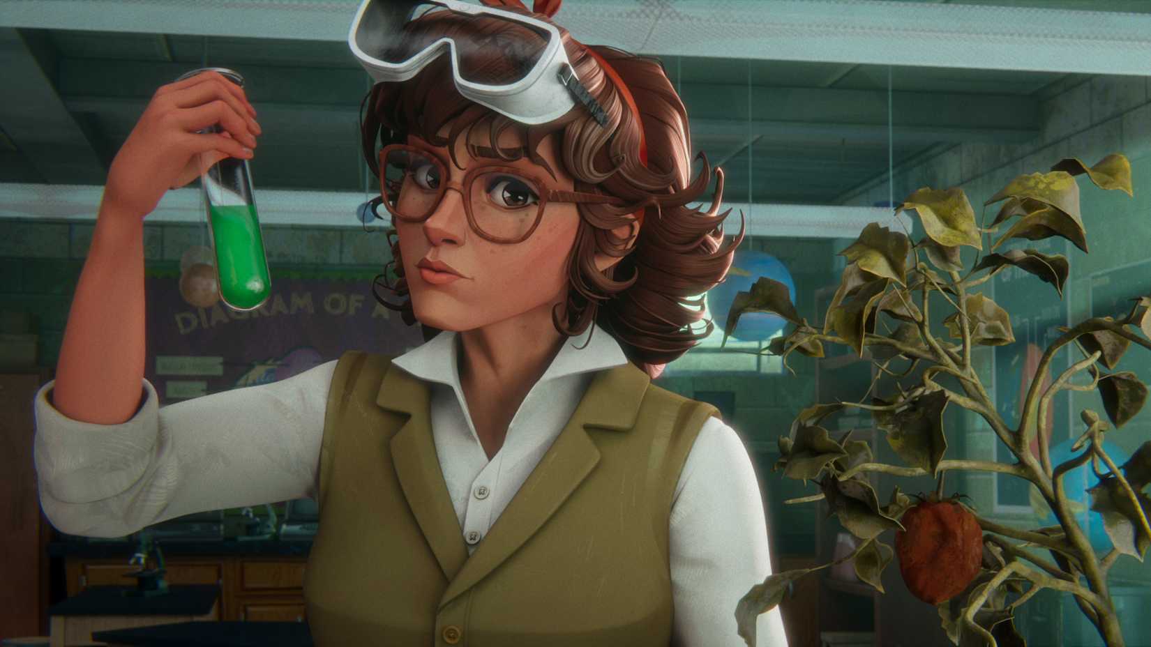 Anne Baxter, a woman with short hair, glasses and lab goggles, holds a vial of green goo near a dying tomato plant.