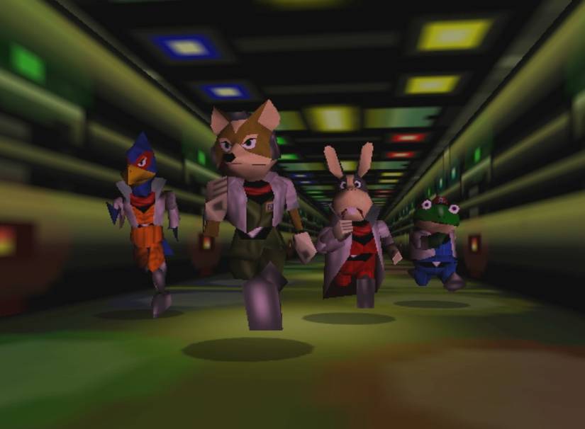 The cast of Star Fox 64 runs down a hallway.
