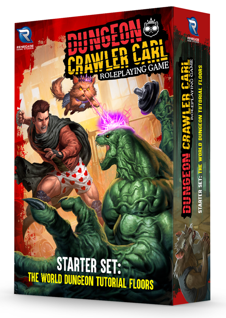 Princess Donut, a fluffy cat wearing a crown, shoots lasers our of her eyes at a lizard wielding a dumbbell while Carl prepares to punch it on the cover of the Dungeon Crawler Carl starter set.