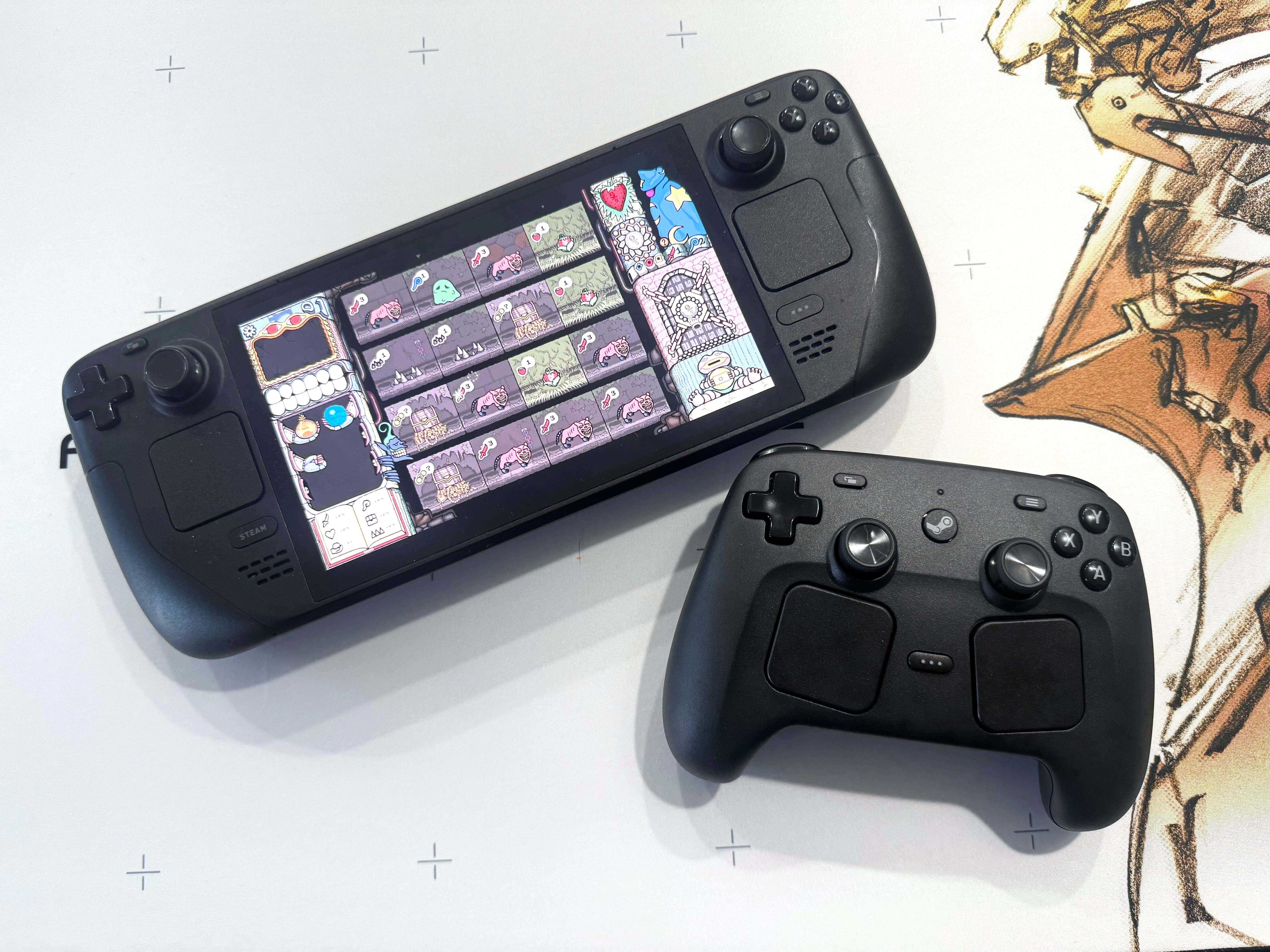 A Steam Controller sits next to a Steam Deck.