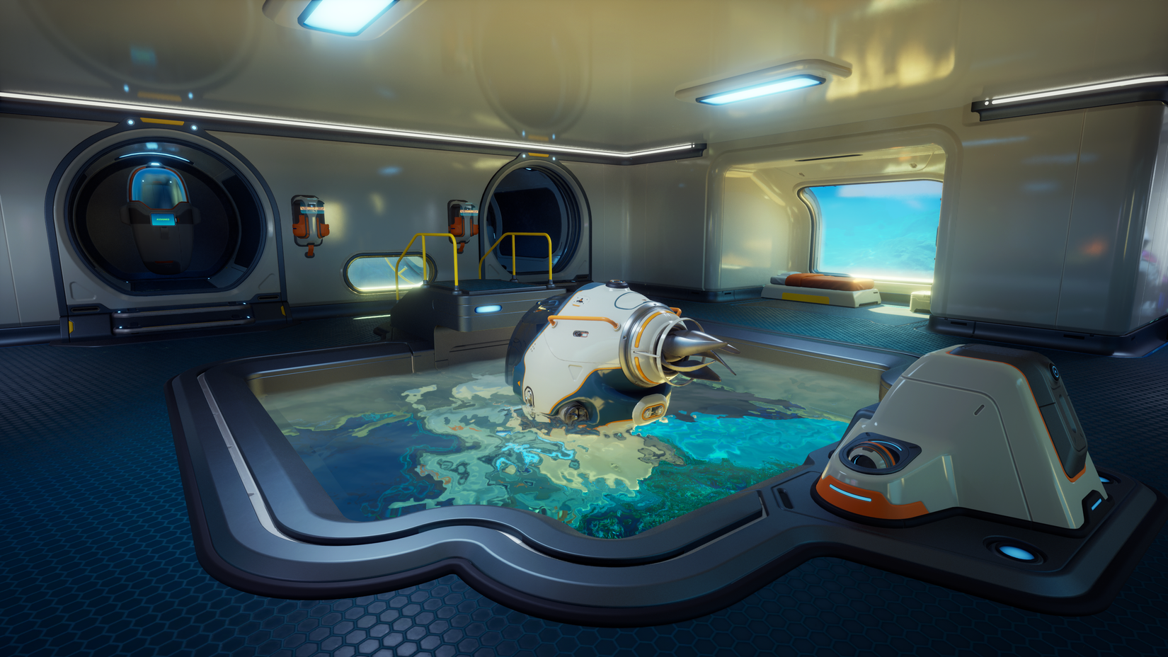 Exploring inside an underwater base in an image from Subnautica 2