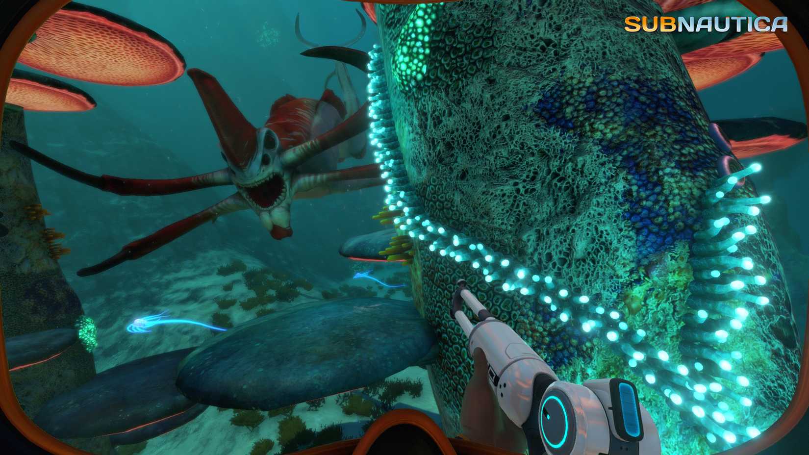 Going head-to-head against a monstrous sea creature in the original Subnautica