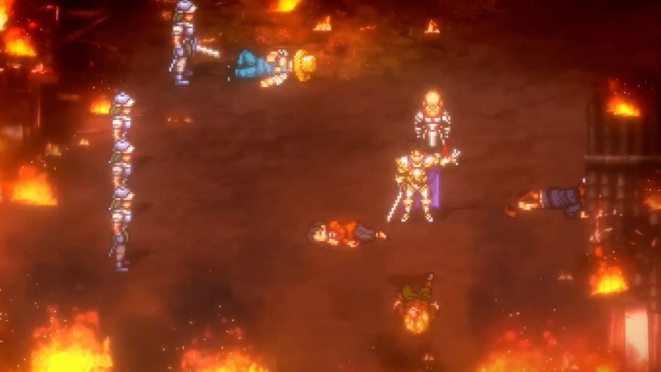 Luca Blight stands in front of corpses as the town burns in Suikoden 2