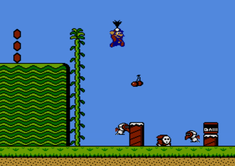 Mario jumping with a vegetable in Super Mario Bros 2