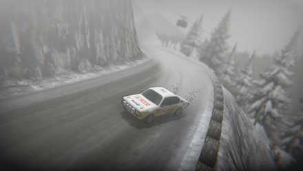 A retro rally car sweeps through a snowy corner in Super Woden: Rally Edge