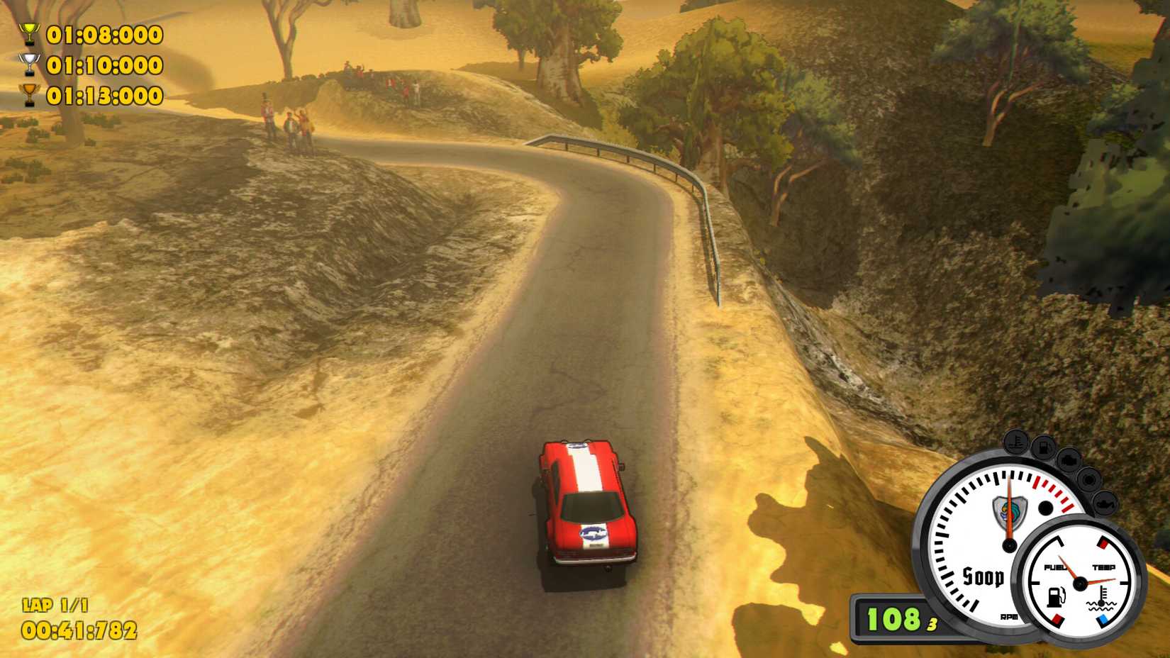 A retro rally car approaches a bend seen from above on a dusty stage in Super Woden: Rally Edge