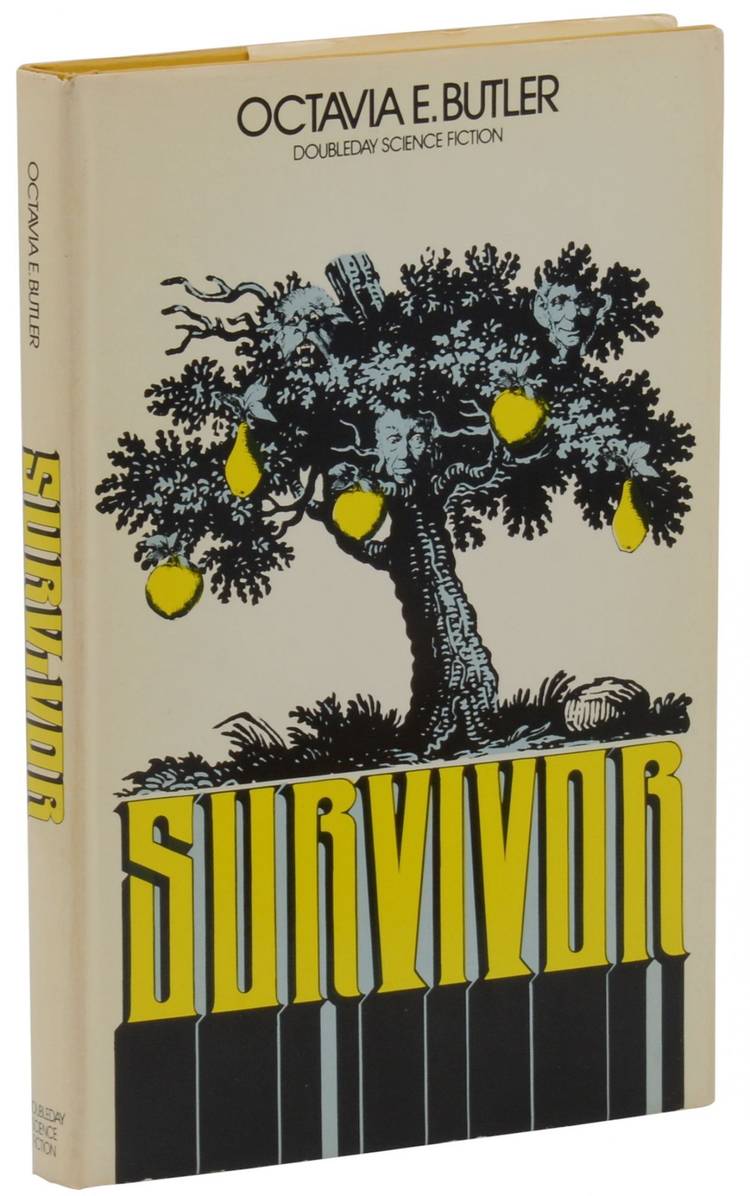 A cover of Octavia Butler's out-of-print book Survivor, showing a black-and-white stylized tree with hanging yellow fruit, and faces in the branches