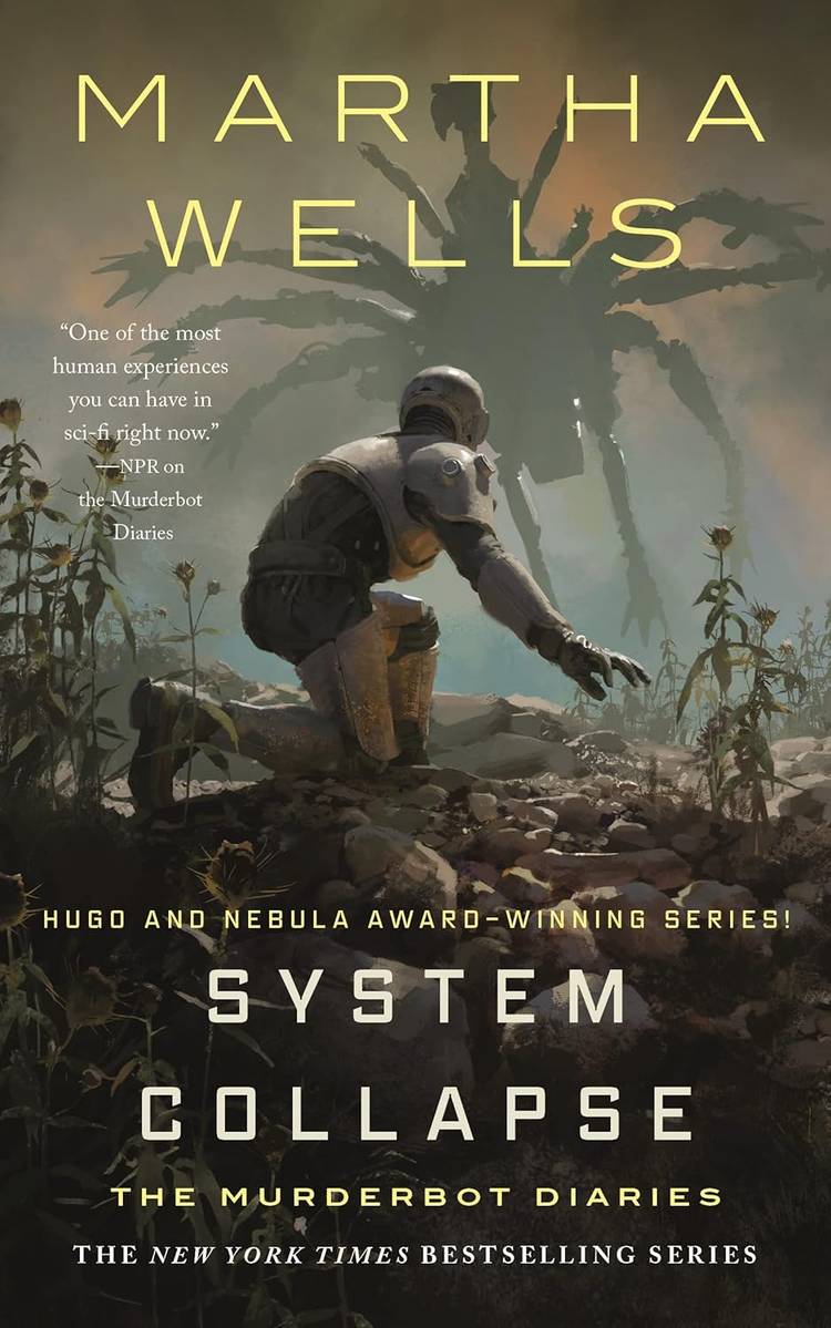 The cover of Martha Wells' book System Collapse, showing a humanoid figure in dirty white armor down on one knee as an immense spider-like shape looms in silhouette in the distance
