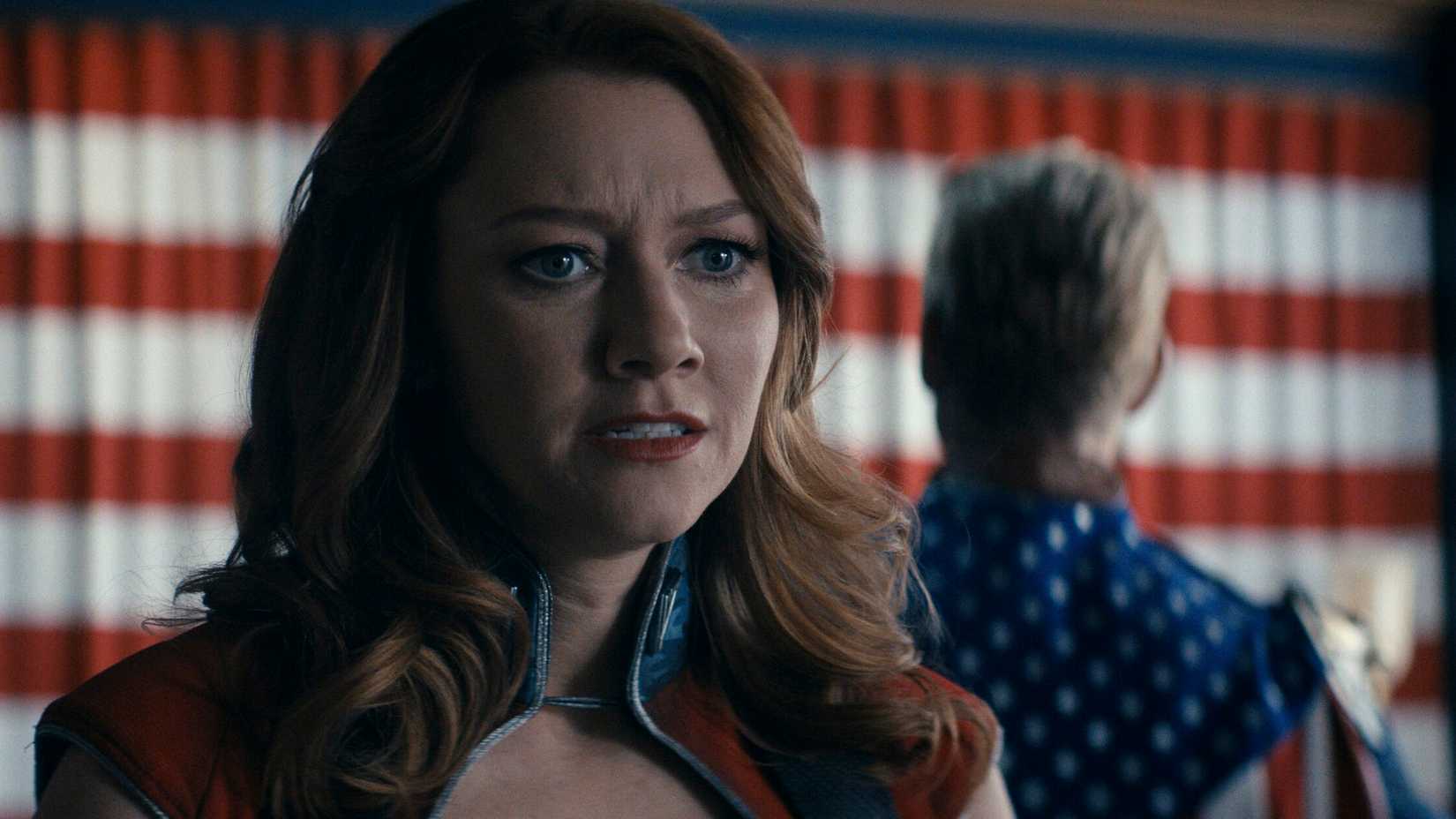 Firecracker (Valorie Curry) looks upset as Homelander (Antony Starr) turns his back to her in The Boys.