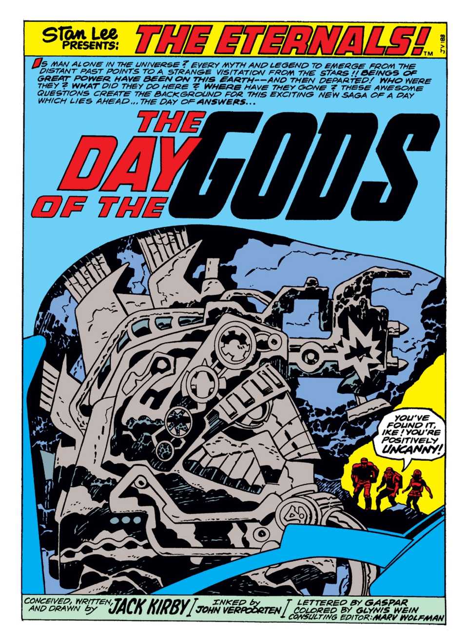 Apertura de la página inicial de Eternales #1 con arte de Jack Kirby, tres exploradores miran una estatua enorme