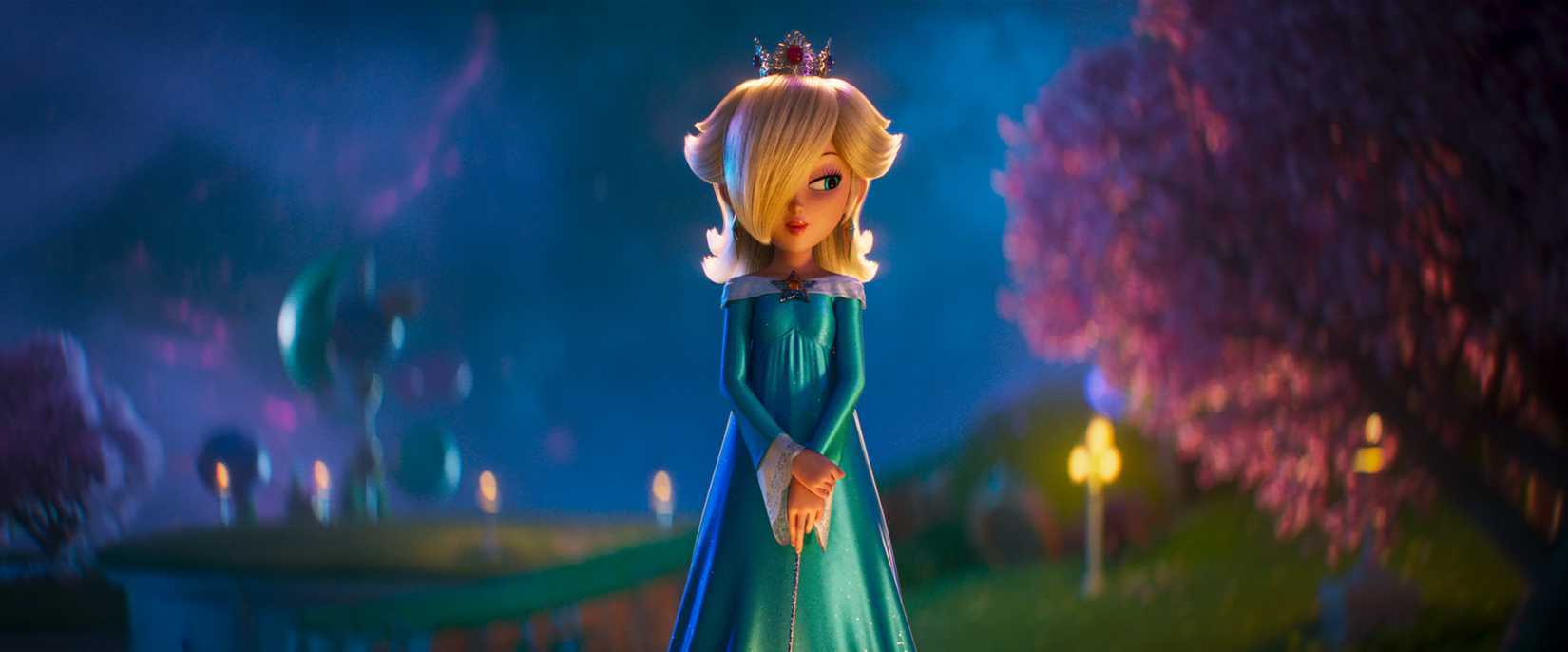 Rosalina stands with her hands folded together, outside in the dark in The Super Mario Galaxy Movie.