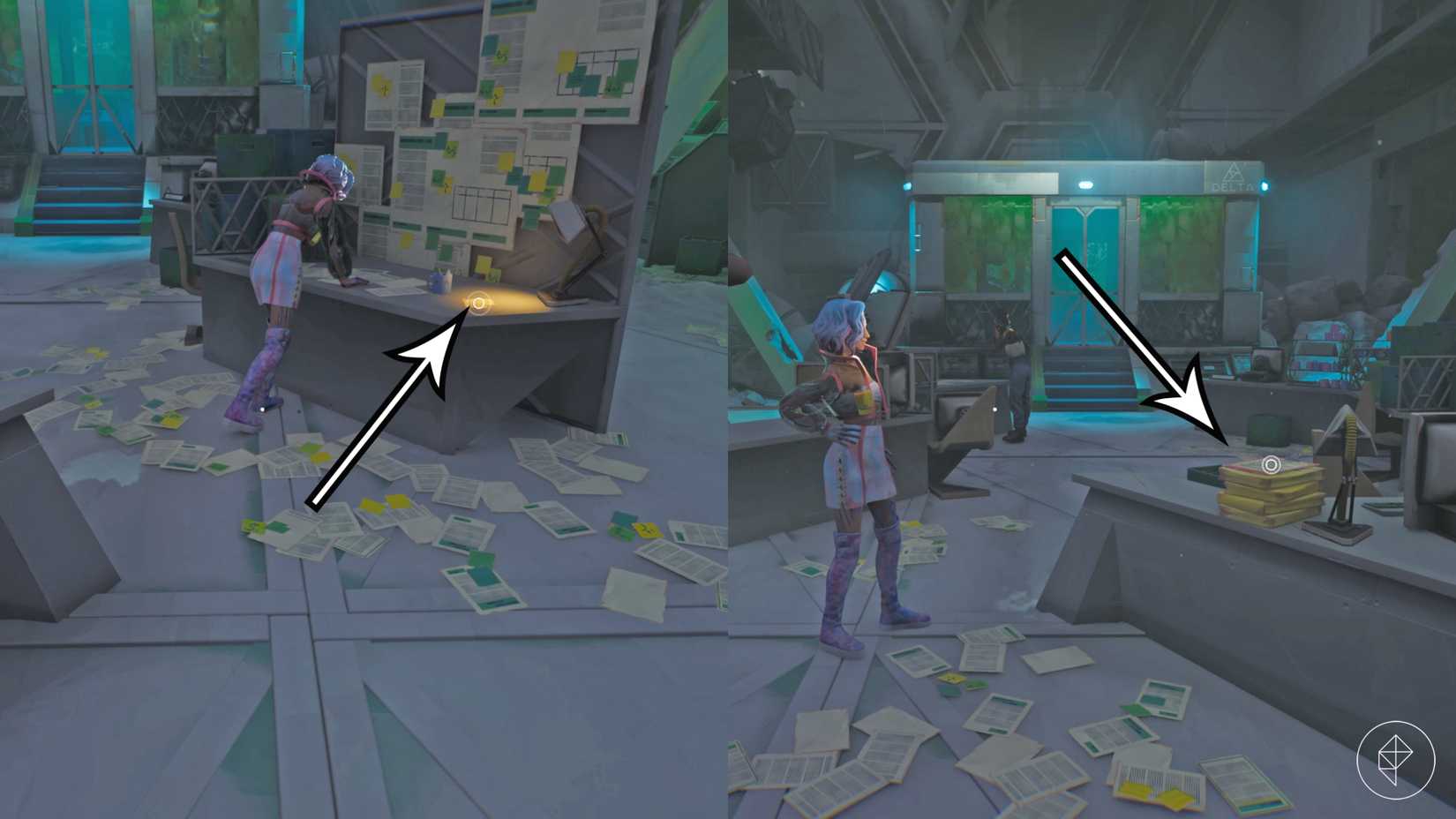 Arrows point to documents needed to complete the 'Explore the Lab' quest in Tides of Tomorrow.