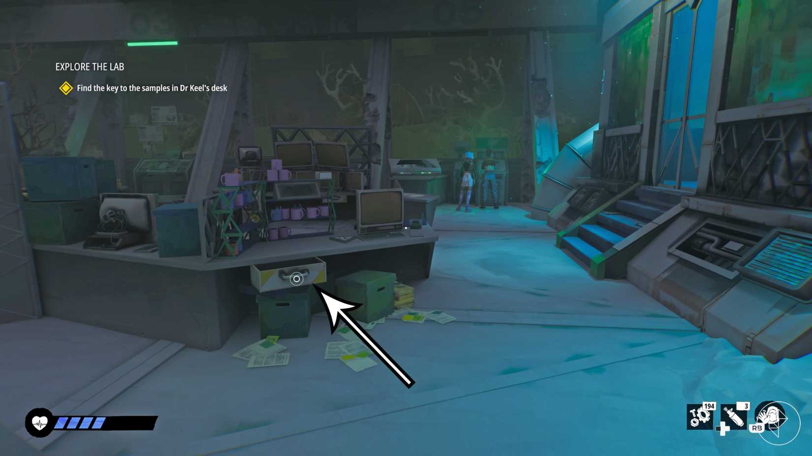 An arrow points to a key needed to complete the 'Explore the Lab' quest in Tides of Tomorrow.