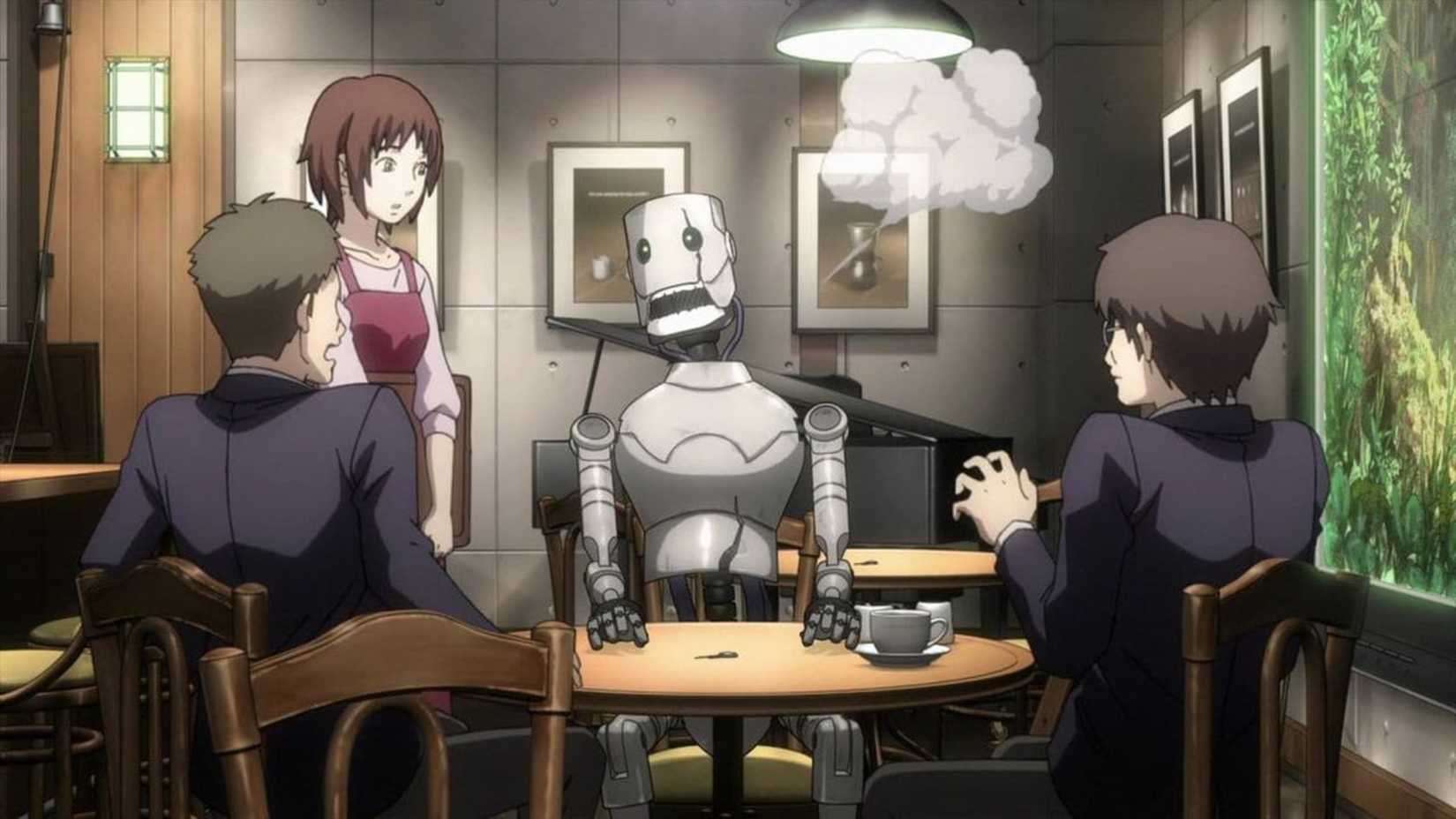 Still from anime Time of Eve featuring main cast of characters in the Time of Eve cafe. 