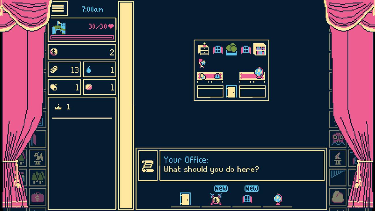 A character sits around their office in Titanium Court.