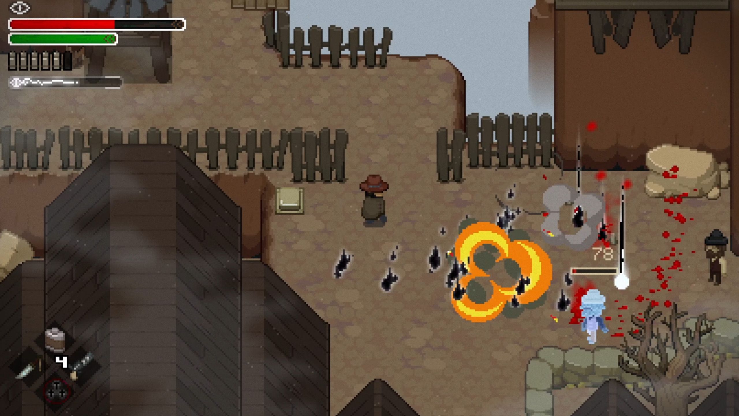 Tombwater gameplay showing a firey explosion in a canyon settlement