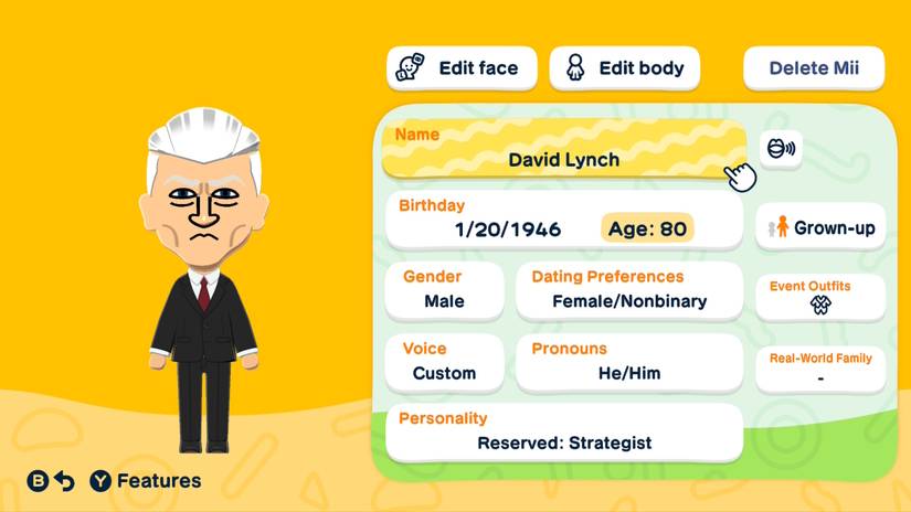 A David Lynch Mii appears in Tomodachi Life: Living the Dream.