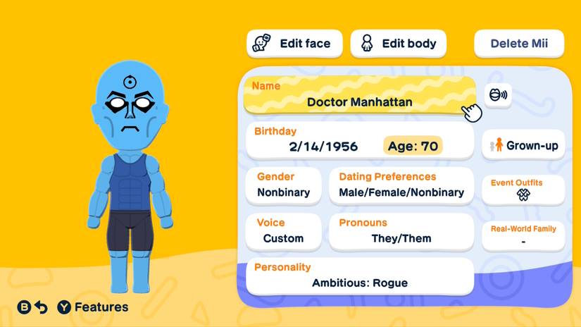 A Doctor Manhattan Mii appears in Tomodachi Life: Living the Dream.