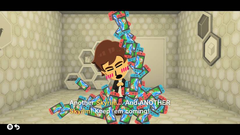 Todd Howard is showered in Nintendo Switches in Tomodachi Life: Living the Dream.