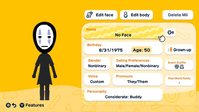 A No Face Mii appears in Tomodachi Life: Living the Dream.