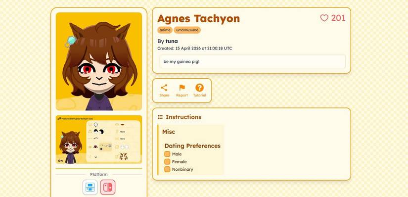 A Tomodachi Life fan site lists a Mii version of Agnes from Umamusume.