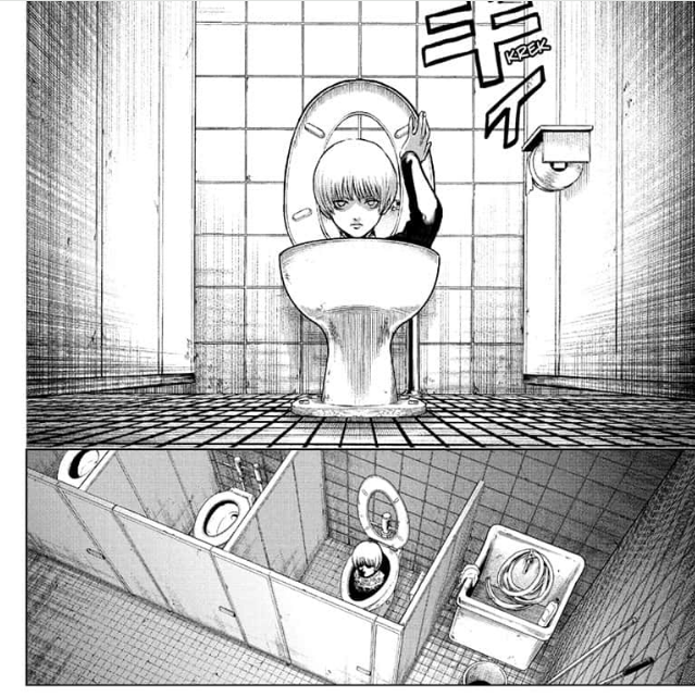Valaris emrges from the toilet in the first chapter of Class 2-B Hero Destroyerz