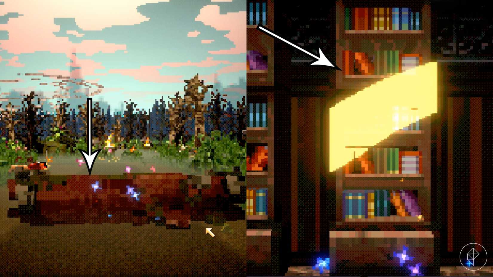 Funkelnde Objekte, die Relikte in Vampire Crawlers enthalten.