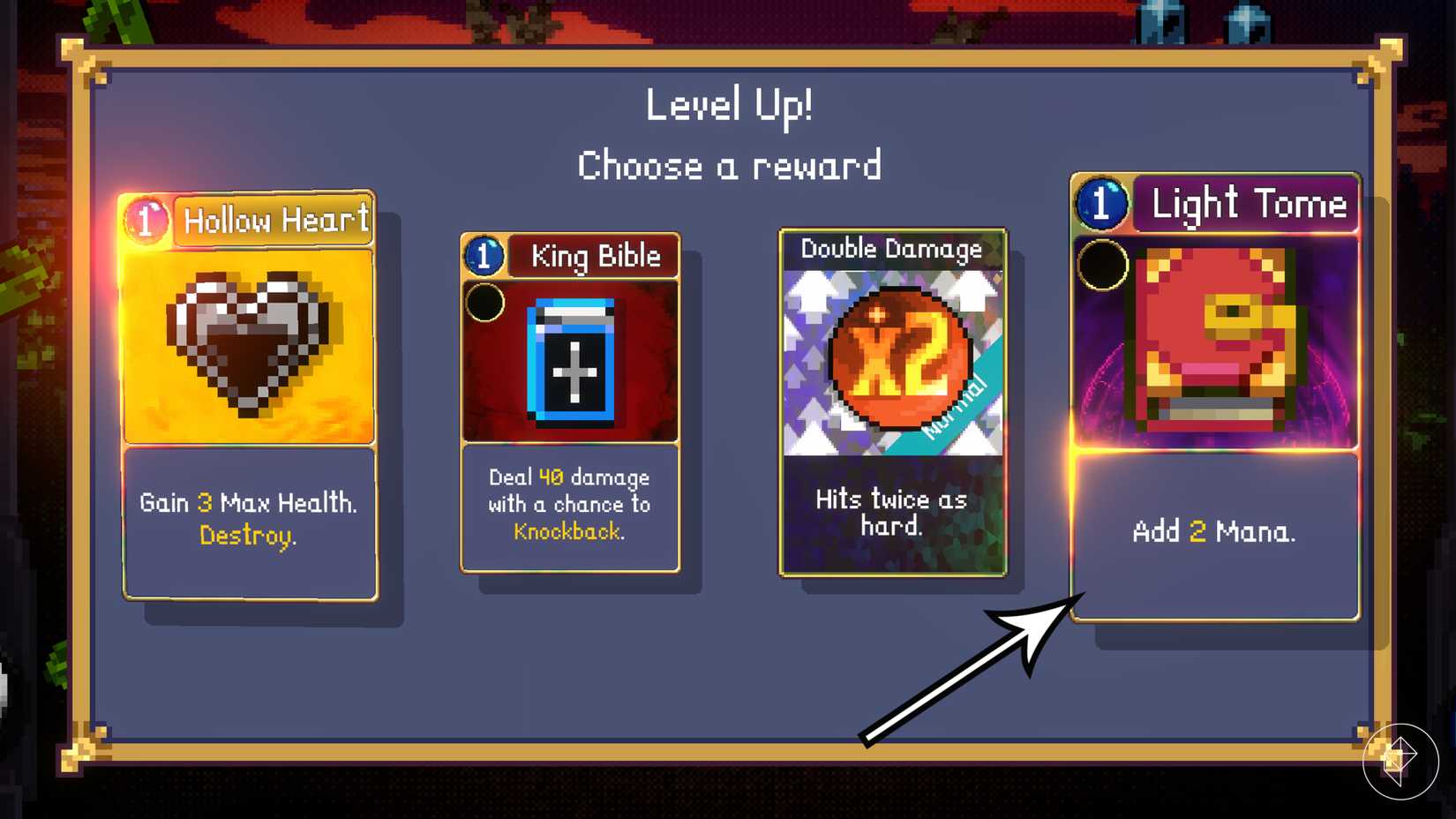 An arrow points to a mana card, called a Tome, in Vampire Crawlers.
