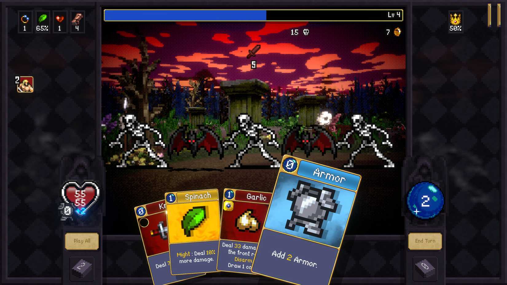 Un jugador sólo puede realizar dos combos cortos dentro de una ronda de combate de Vampire Crawlers.