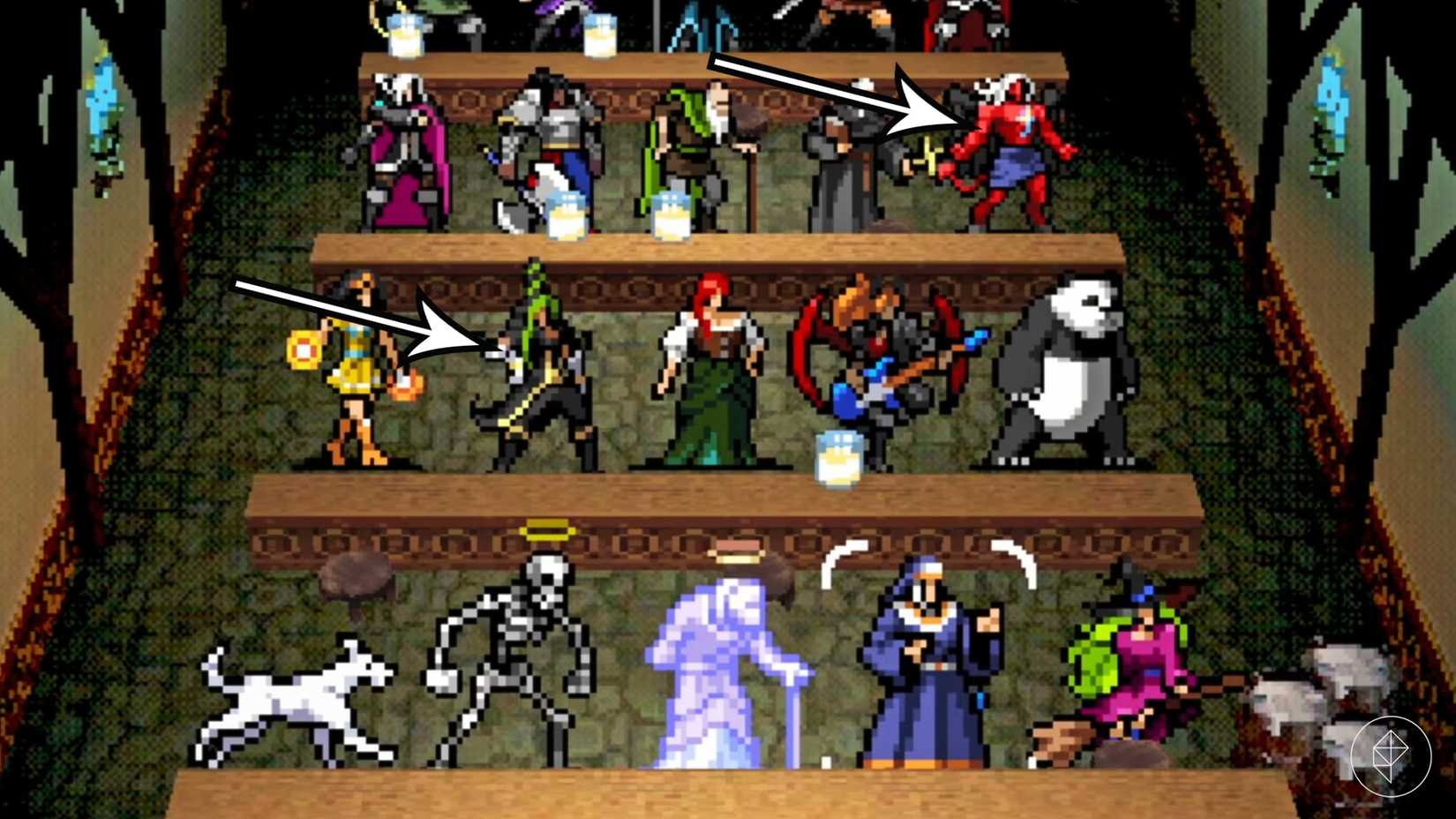 Arrows point to Krochi and Pugnala at the Inn in Vampire Crawlers.
