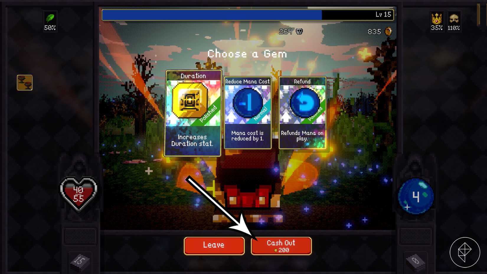 An arrow points to the cash out option in Vampire Crawlers.