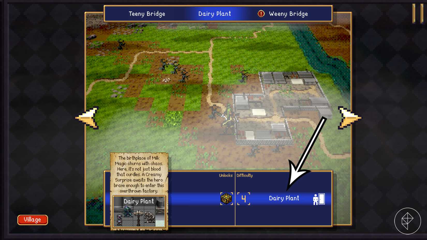 An arrow points to the Dairy Plant dungeon in Vampire Crawlers.