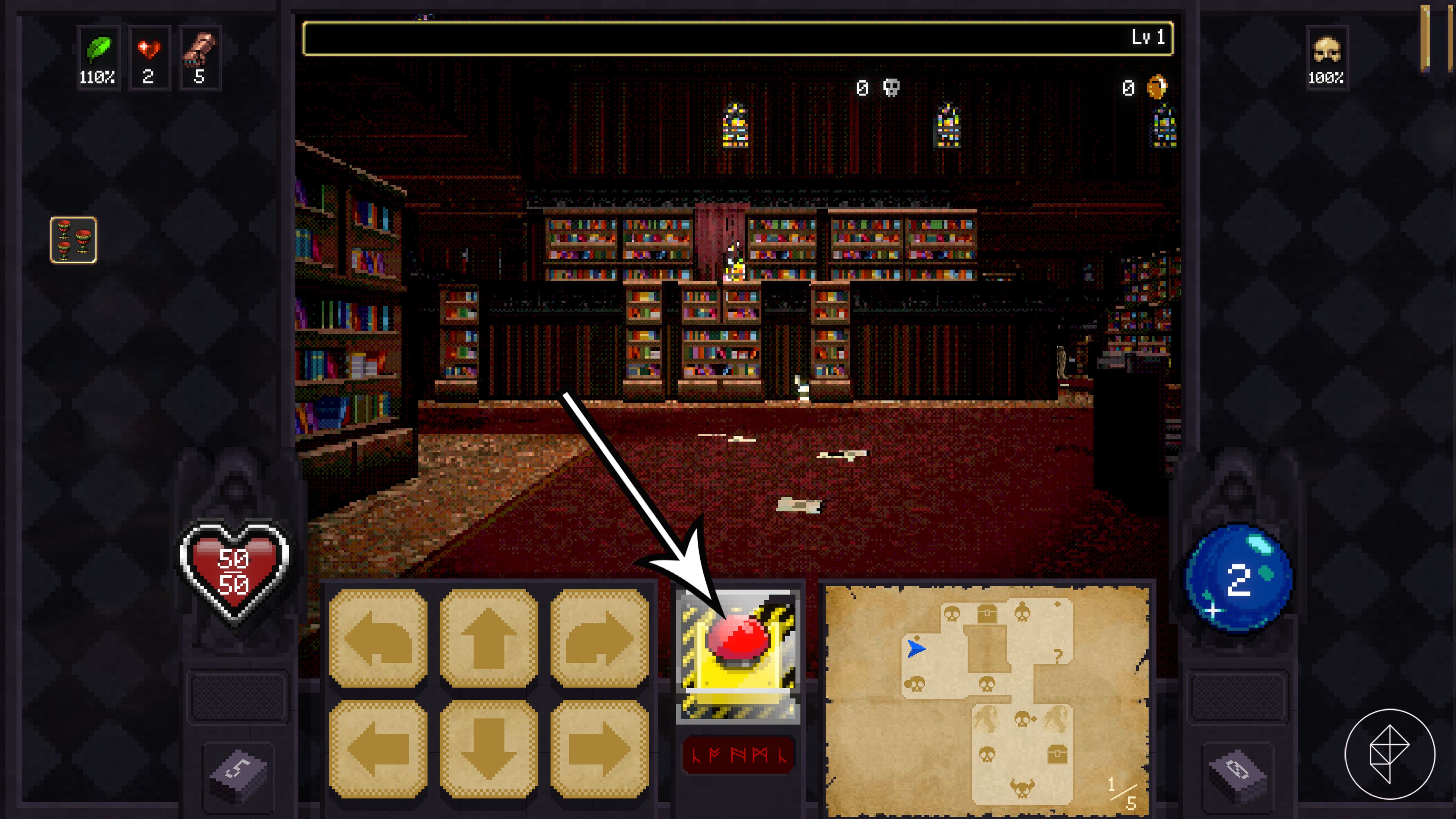 An arrow points to the Bomba Infernale relic in Vampire Crawlers.