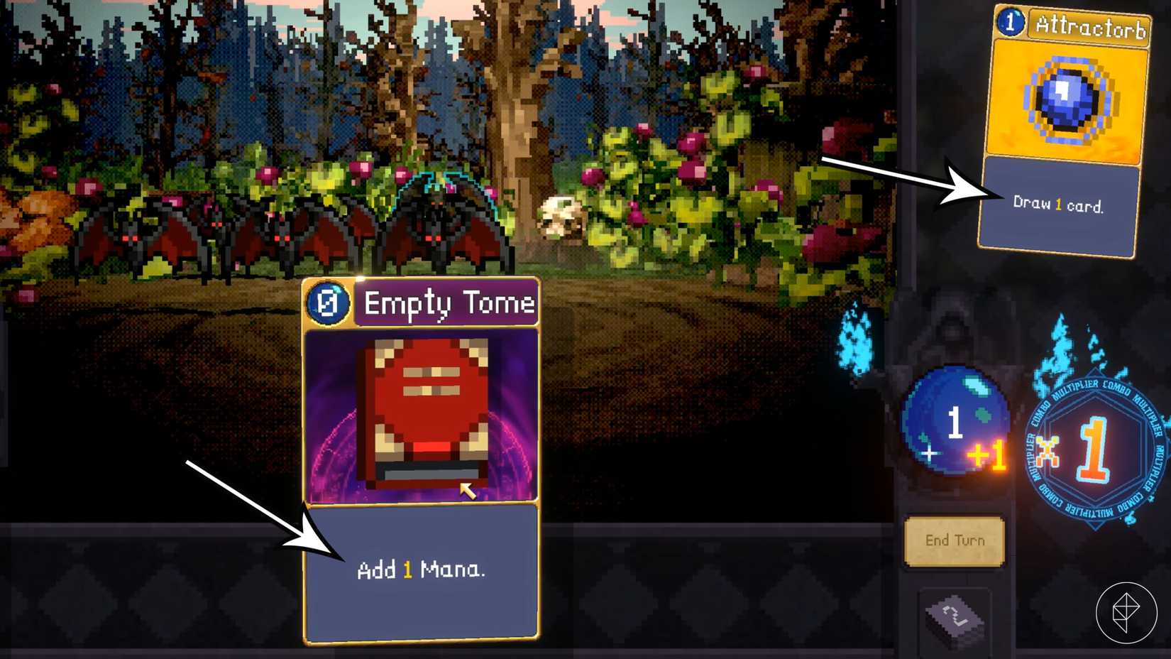 A Tome card and Attractorb card in Vampire Crawlers.