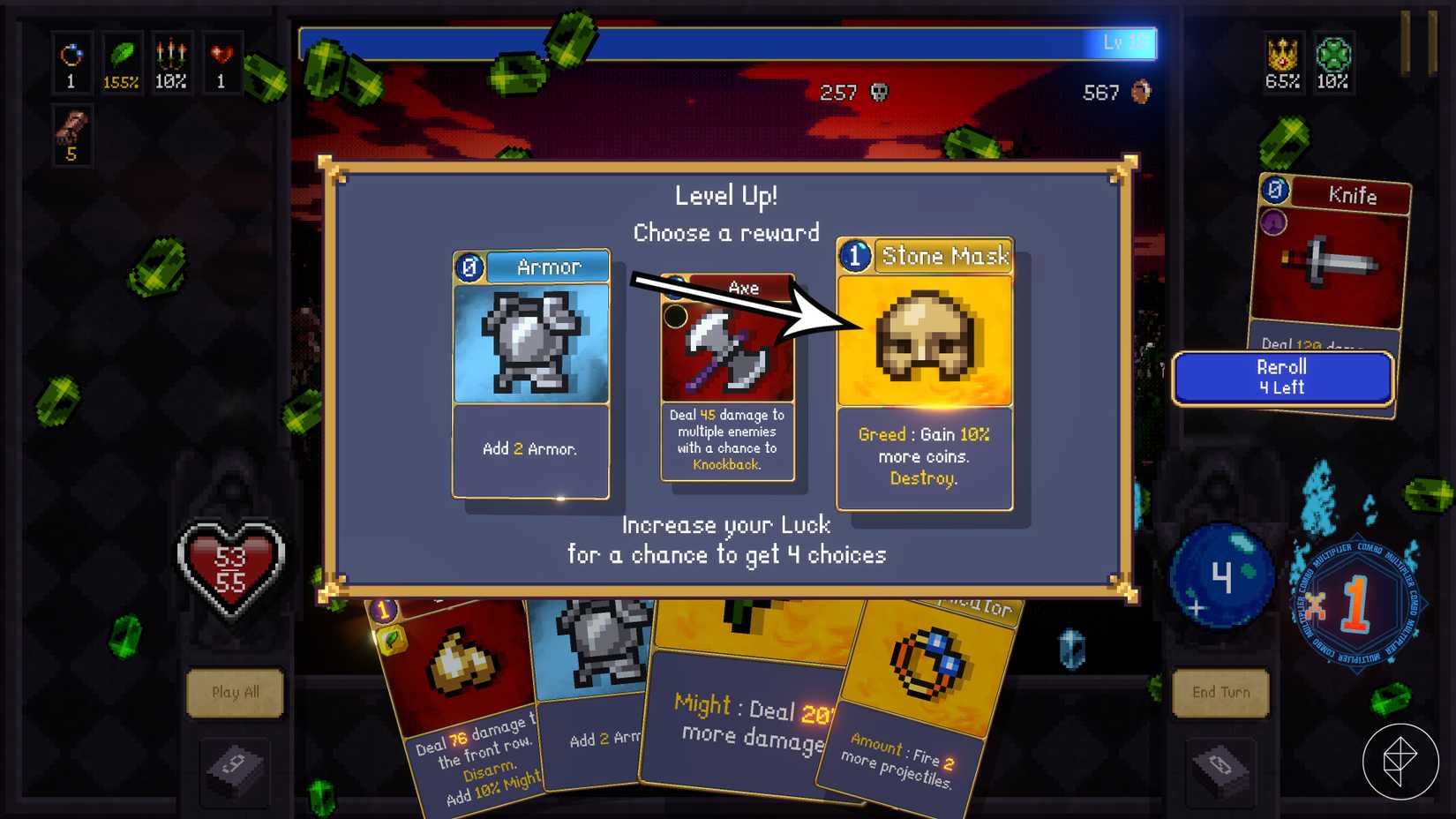 An arrow points to a card with a Greed effect in Vampire Crawlers.