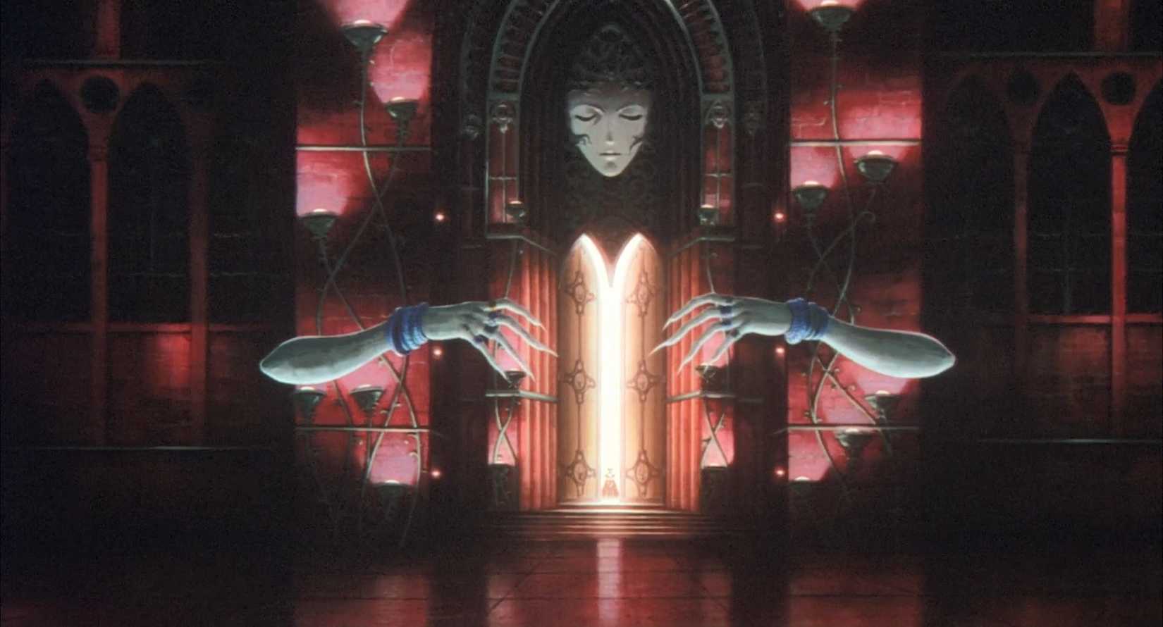 Shot of Vampire Hunter D Bloodlust featuring Gothic art with stainglass window and human face.