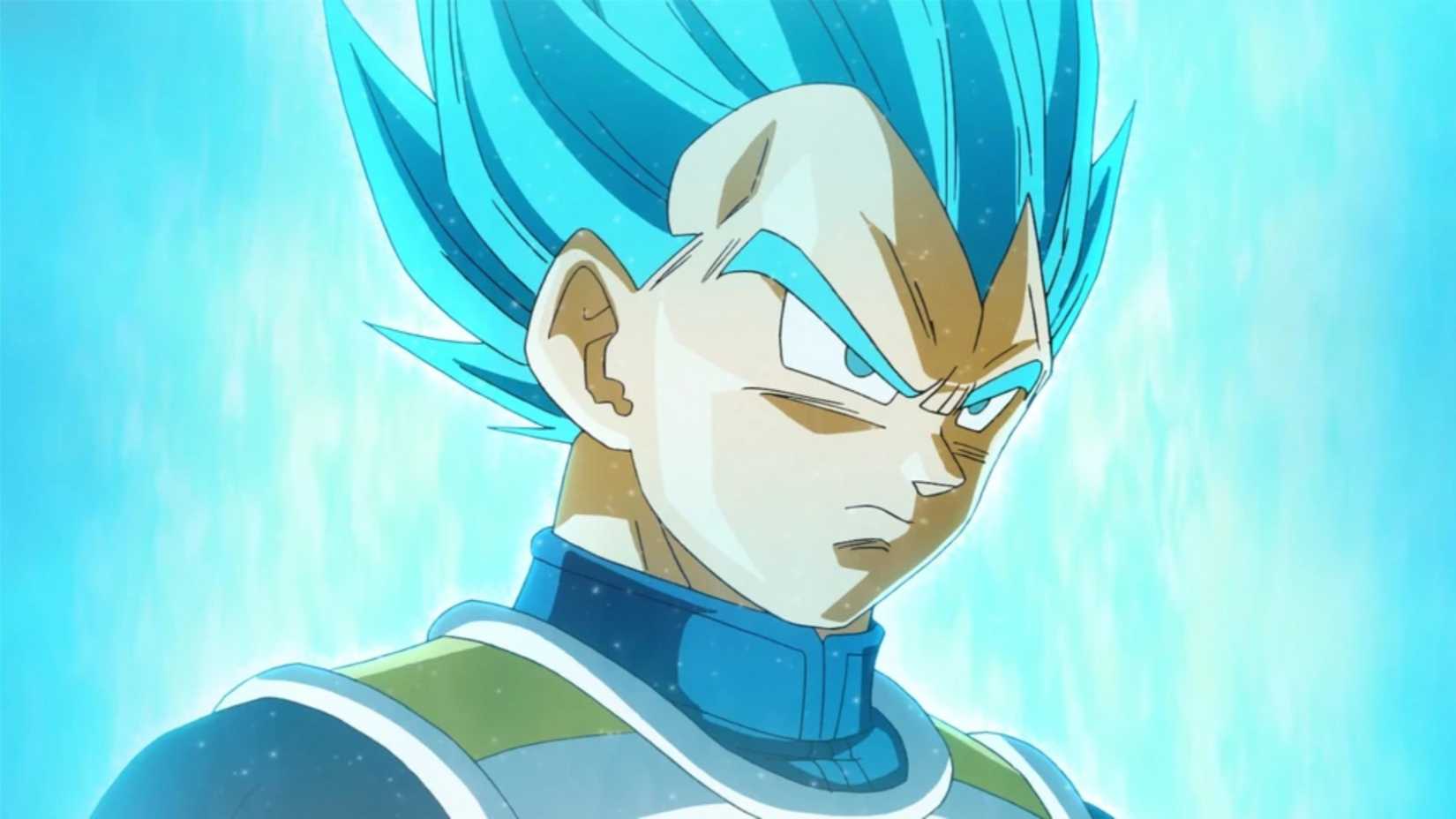 Scene from Dragon Ball Z: Resurrection 'F' featuring Vegeta in super saiyan blue form. 