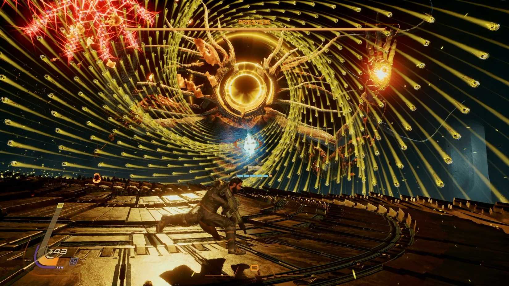 The Priestess throwing yellow orbs at the player while the floor is moving up and down in Saros.