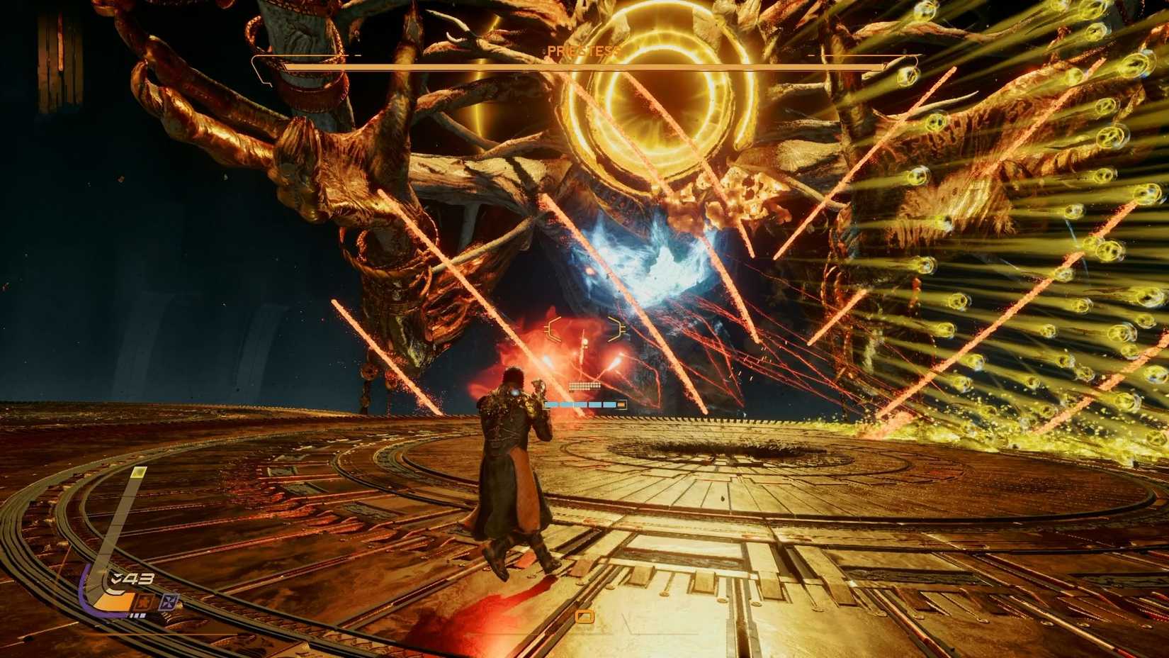 The Priestess throwing red lines toward the player in Saros.